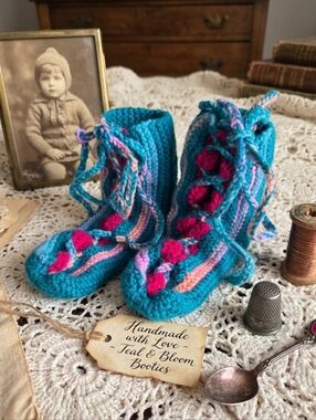 Hand Knit Kids Slipper Socks Teal Pink Lace-Up Booties Cozy Cottagecore